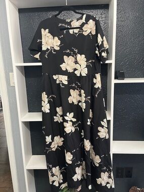 Black Floral Midi Dress with Cream Blossoms